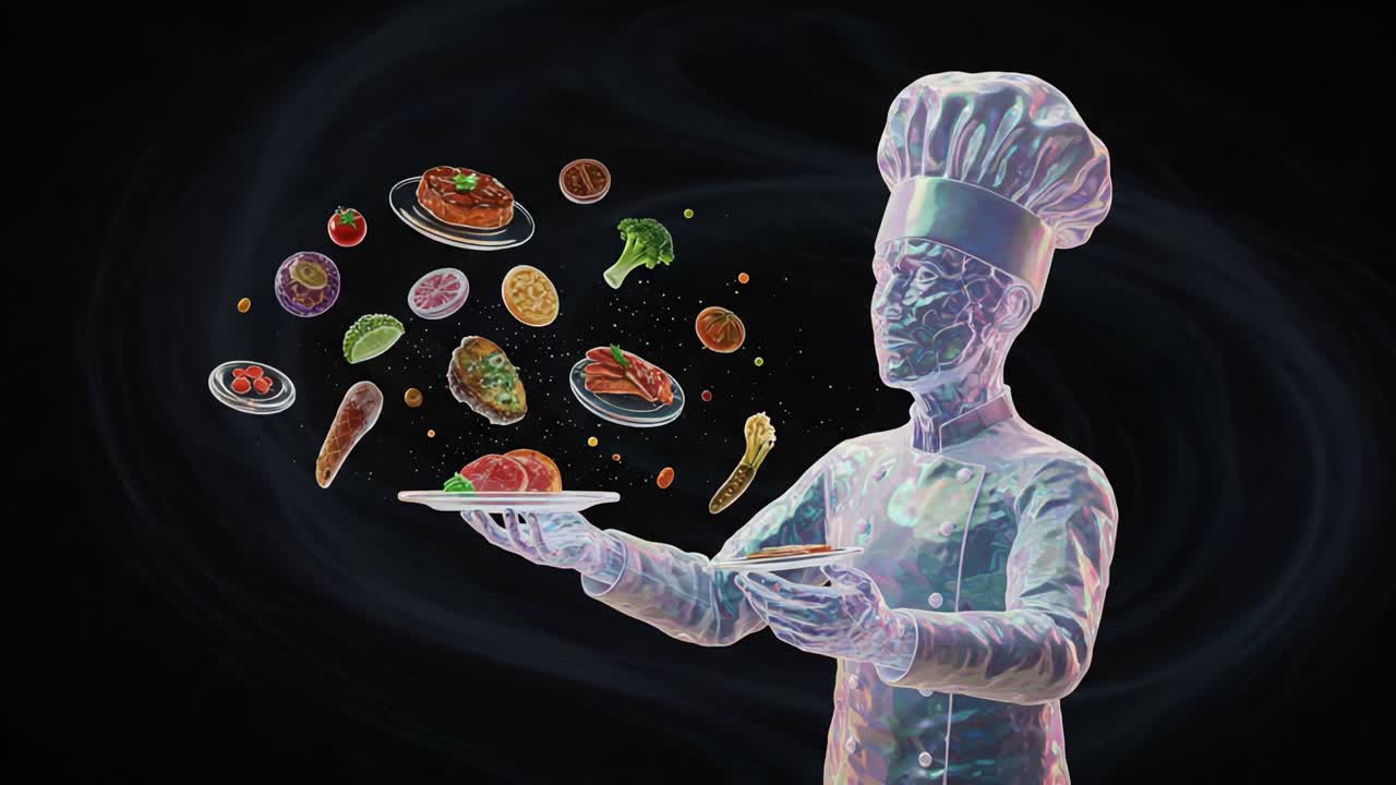 A Vivid Culinary Journey: A Skilled Chef Masterfully Balances Exquisite Dishes in Mid-Air, Showcasing an Array of Colorful Ingredients and Flavors in a Captivating Display