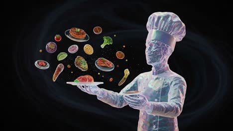 a vivid culinary journey: a skilled chef masterfully balances exquisite dishes in mid-air, showcasing an array of colorful ingredients and flavors in a captivating display