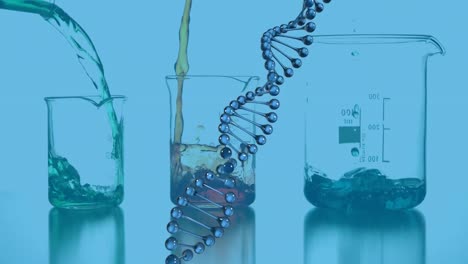 animation of dna chain over fluid pouring into measuring cups on blue background