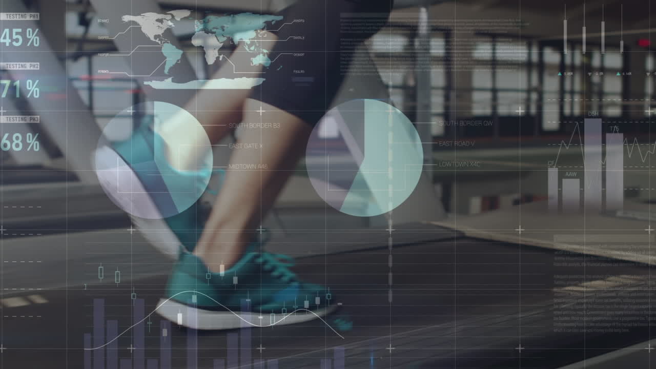 animación de la red de conexiones y procesamiento de datos sobre una mujer en forma que hace ejercicio en el gimnasio