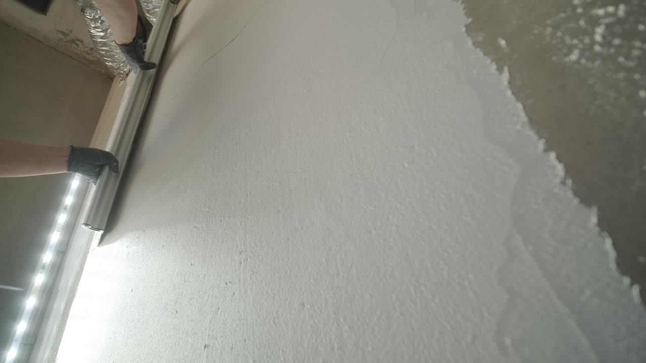 a mão de um trabalhador aplica habilmente uma camada de gesso usando uma tralha em uma parede sob luzes de led brilhantes, exibindo trabalhos de construção detalhados