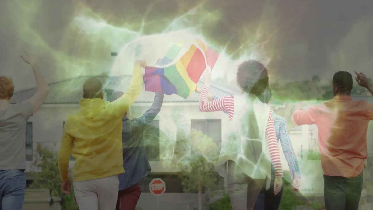 marketing group walking street cheering pride flag, with animated solar icon and stop sign floating