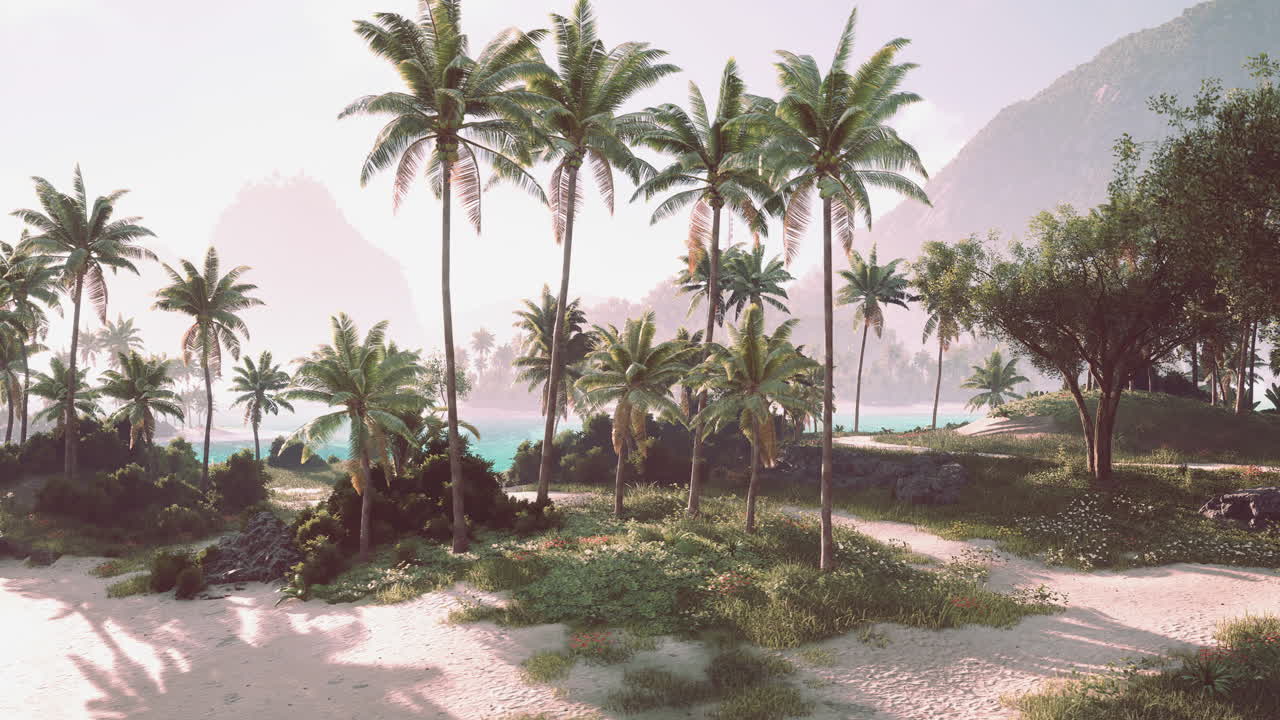 Tropical landscape with lush palm trees and serene beach near turquoise water