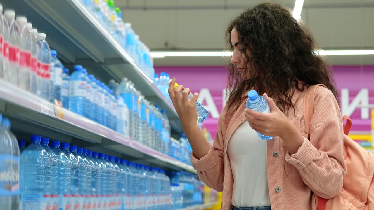 mujer comprando botellas de agua en un supermercado