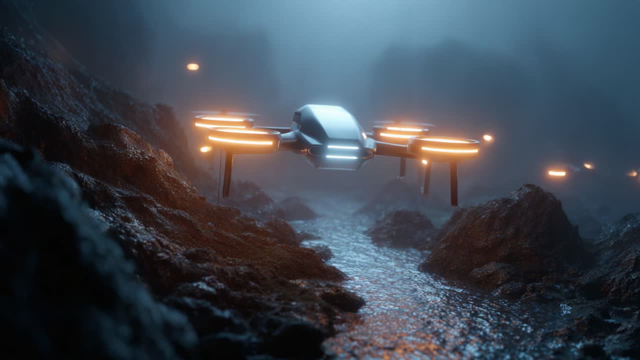 Um drone futurista navegando por uma paisagem misteriosa e enevoada, brilhando sob uma luz fraca sobre um terreno rochoso cercado por água parada