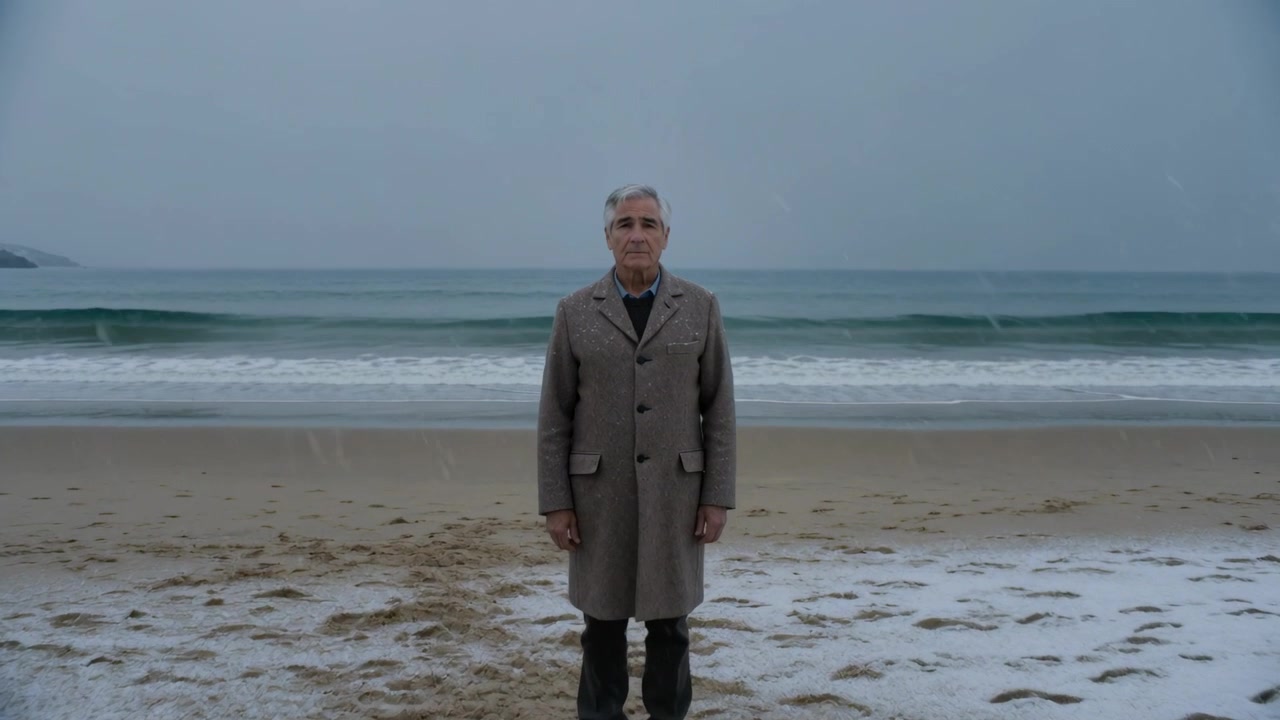 Standing senior man facing as frame zooming, framing face on snow beach coat boots