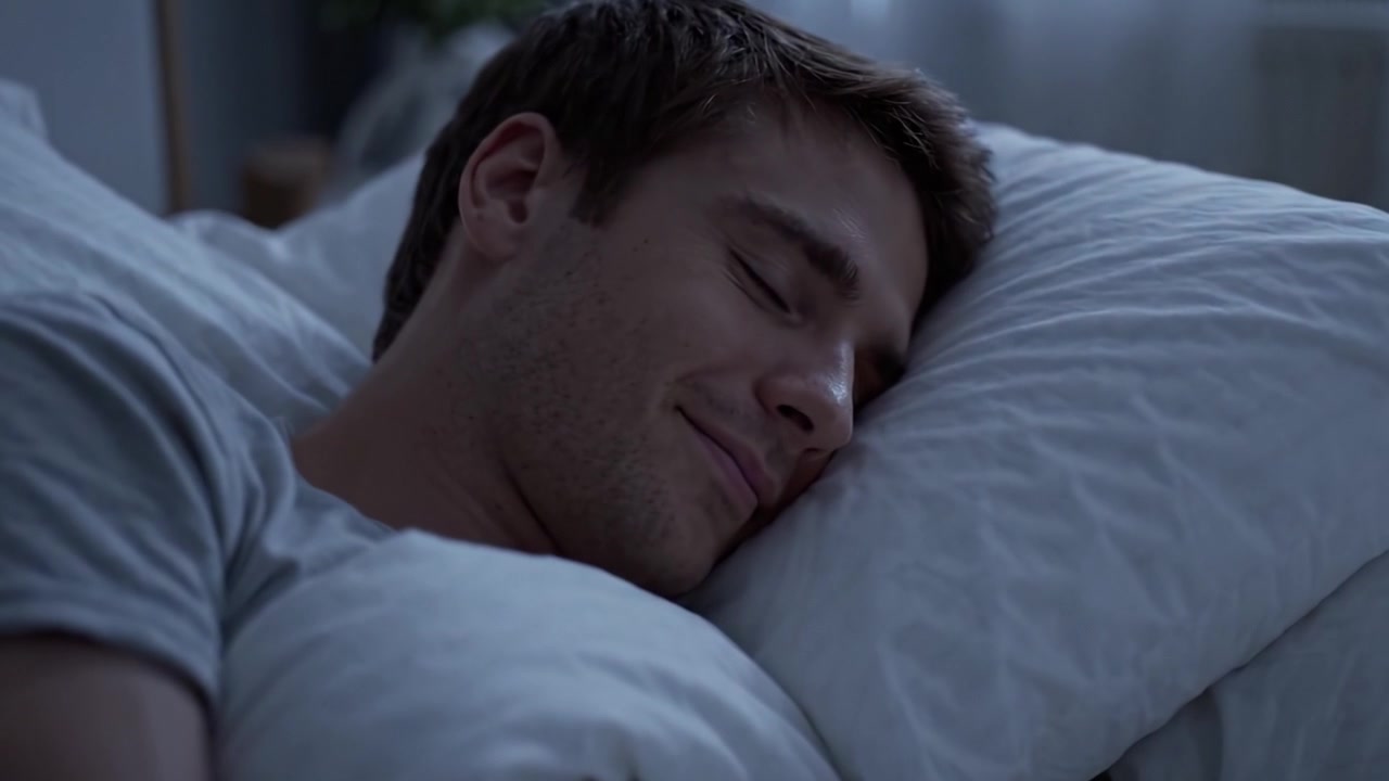 Un uomo che dorme pacificamente in una camera da letto accogliente circondato da morbidi cuscini, catturando un momento tranquillo di riposo e serenità.