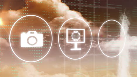 animación de iconos, conexiones y nubes con procesamiento de datos.