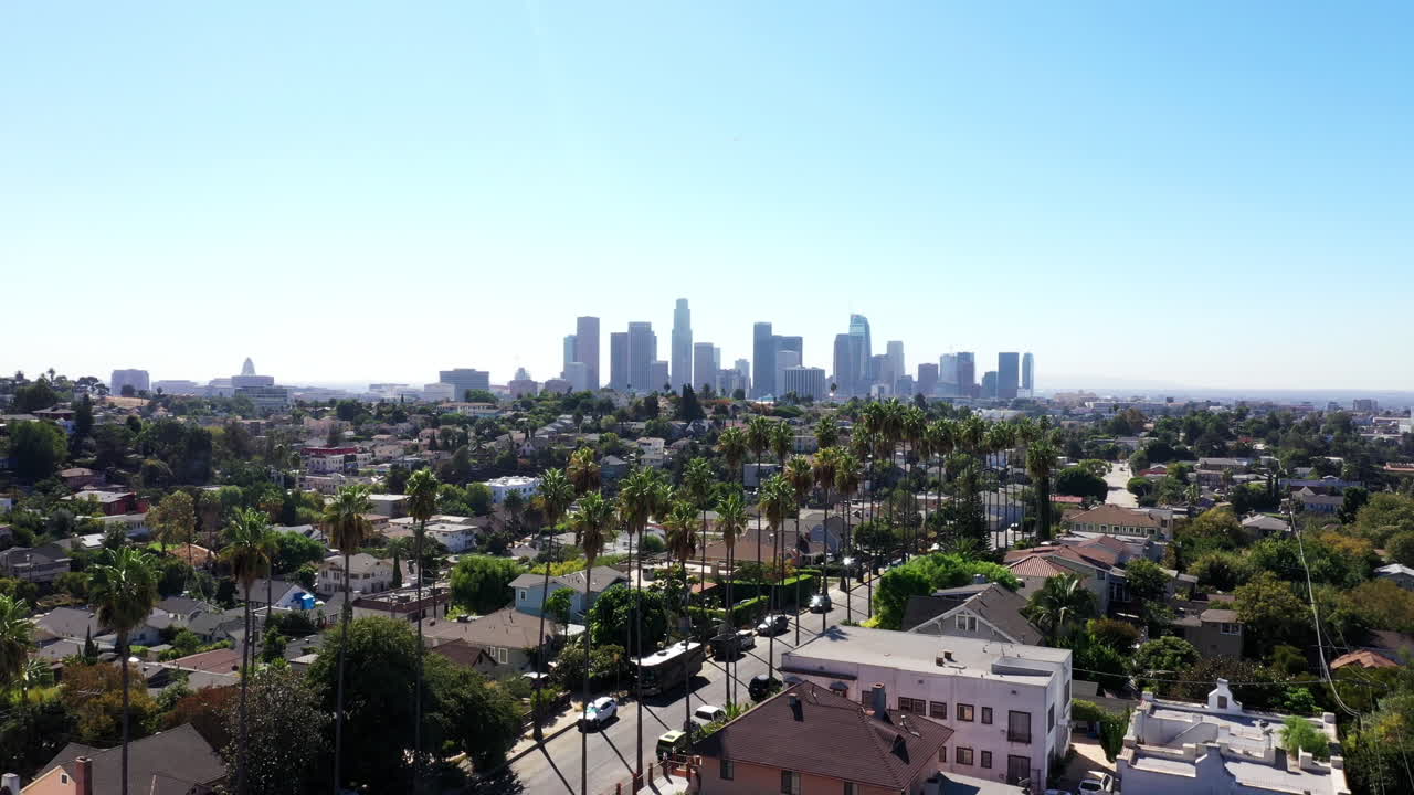 아름다운 드론 샷이 도시 스카이라인을 배경으로 야자수로 뒤덮인 로스앤젤레스, 캘리포니아 에코 파크 인근을 보여주기 위해 날아갑니다.