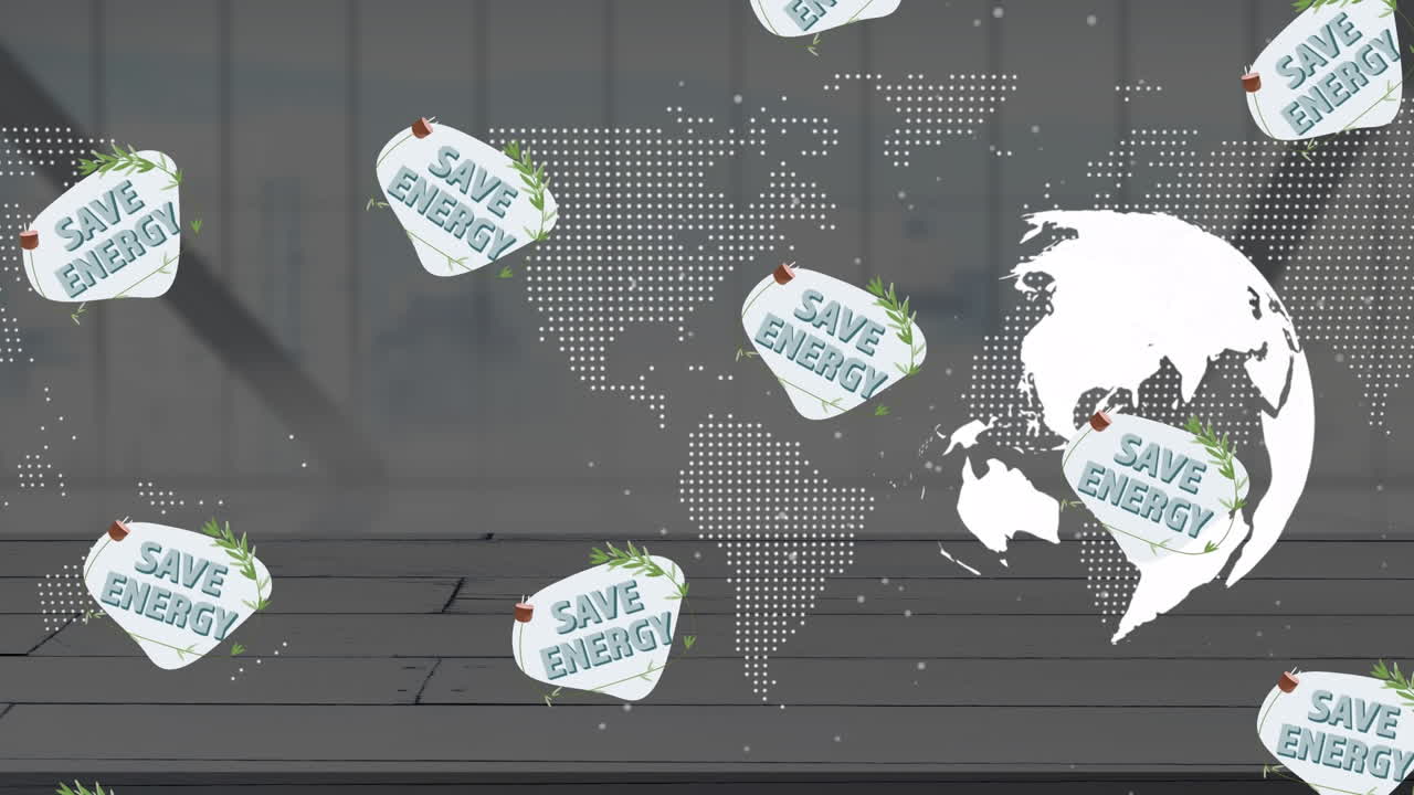회색 배경 위에 지구와 에너지 절약 텍스트의 애니메이션