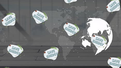 animation of globe and save energy text over grey background