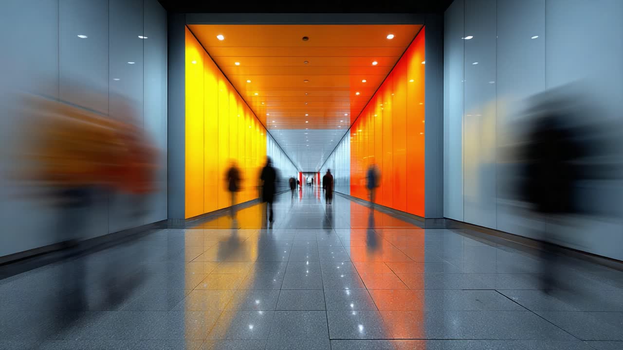 A Vibrant Corridor Filled with Dynamic Light and Colorful Walls, Inviting Movement and Exploration through a Modern Architectural Space