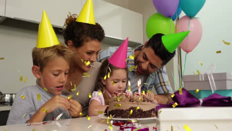 celebrating birthday, family with cake and confetti animation