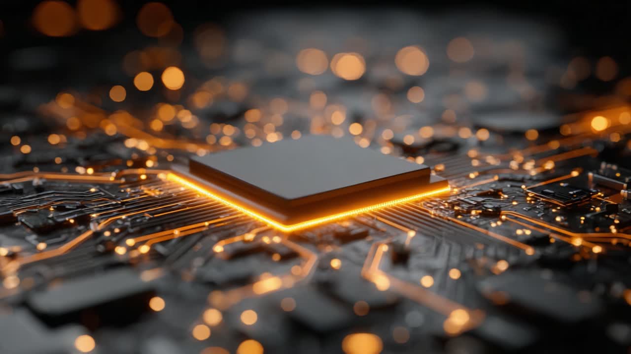 Intricate Close-Up of a Modern Microprocessor Surrounded by Glowing Circuitry, Showcasing Advanced Technology and Electric Connectivity