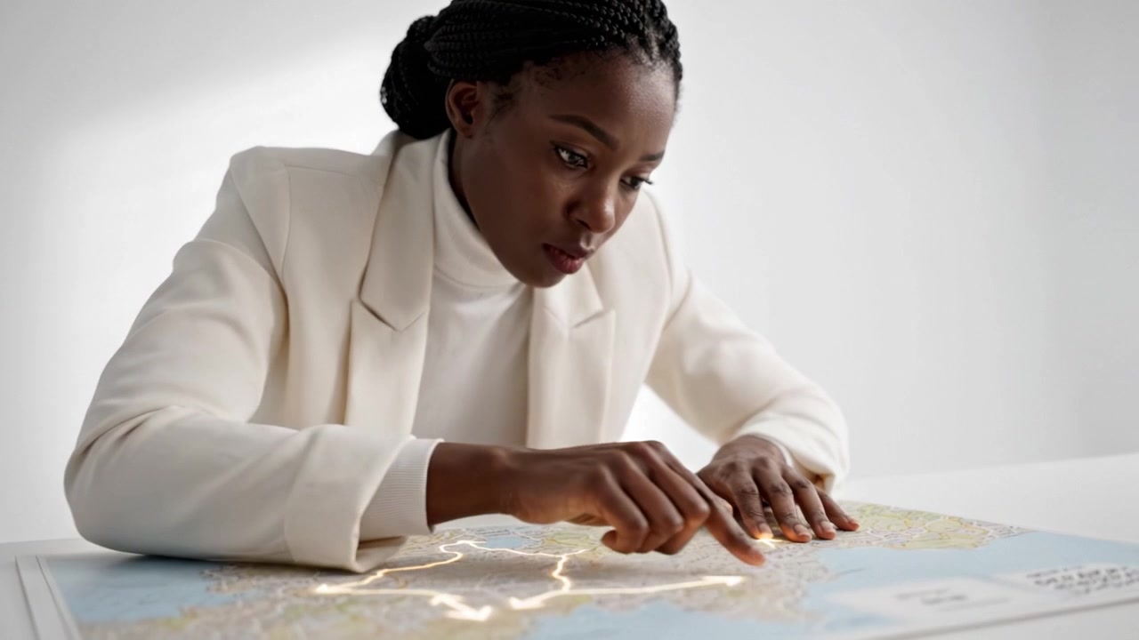 Focused Individual Analyzing a Map for Navigation or Planning Purposes, Showcasing Attention to Detail and Strategic Thinking in a Minimalist Setting