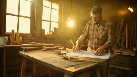 carpenter drawing plans for a new project in his workshop