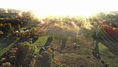 aerial drone shot over idyllic countryside with grasslands