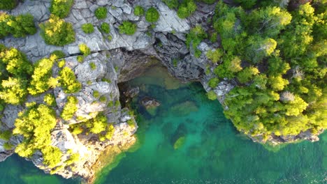 rocky cove with crystal clear water and leafy green trees