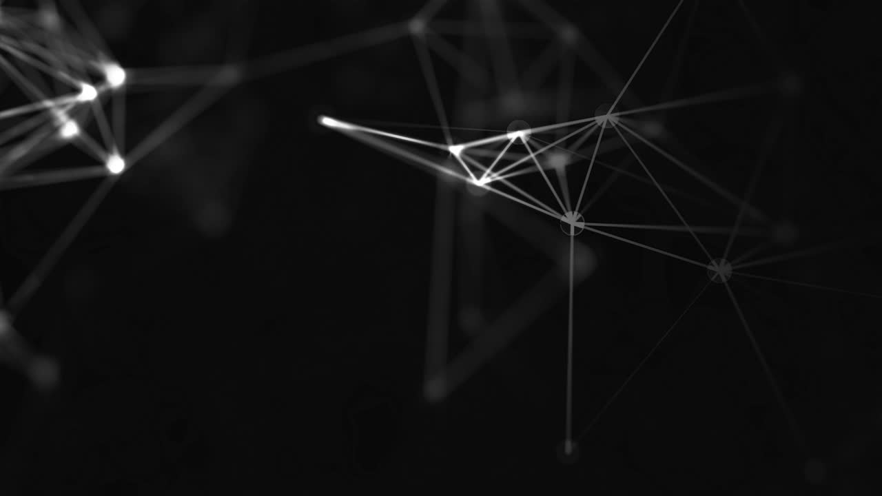 Abstract background, full of white dots, which are connected with white straight lines, on black brurred backdrop. Animation. Zooming composition. Shapes are moving slowly. 4K. Bokeh.