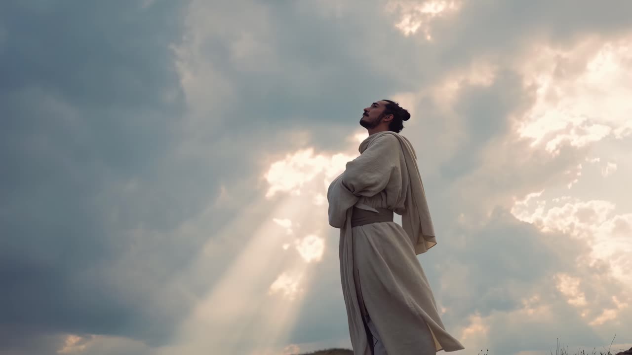 Una scena video serena di un uomo in veste che guarda verso l'alto, ripresa da una angolazione bassa