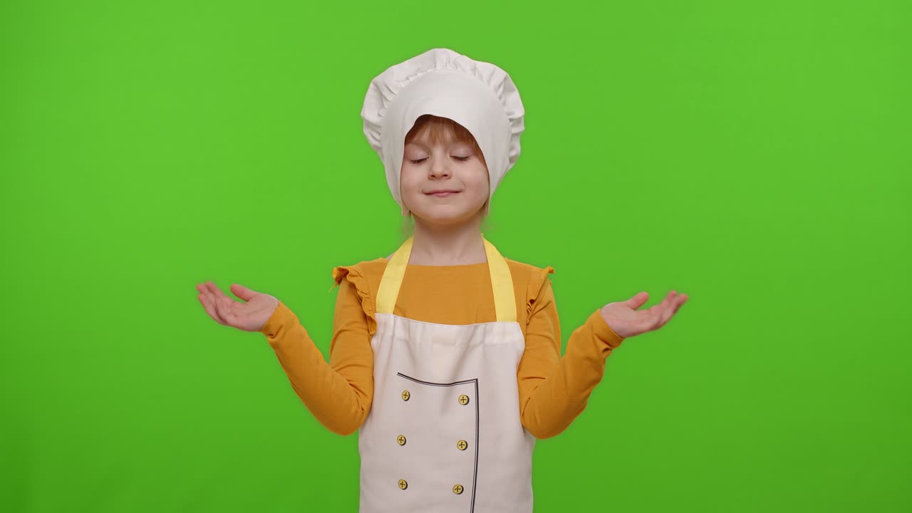 Bambina vestita da chef con grembiule che indica a destra e a sinistra su uno spazio vuoto, chroma key.