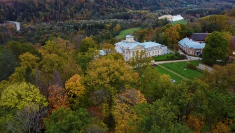 Aerial-View-of-the-Krimulda-Palace-in-Gauja-National-Park-Near-Sigulda-and-Turaida,-Latvia