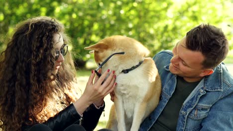 attractive woman and her husband are playing with dog putting sunglasses on it, caressing its fur and patting its back and neck. loving animals and having fun concept.