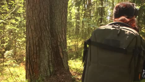 Hiking-woman-walk-with-a-hiking-backpack-in-spring-green-forest