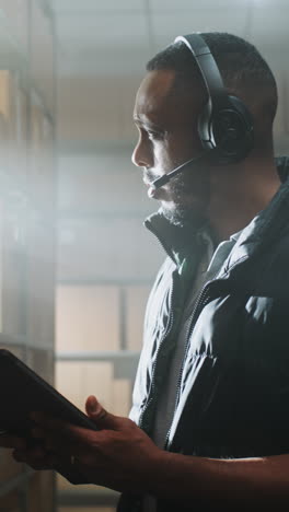 warehouse worker using tablet and headset