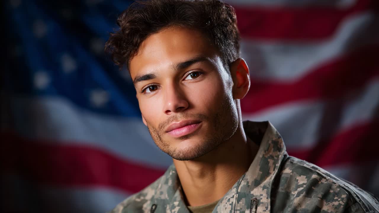 A Portrait of a Young Soldier Against the Background of the American Flag, Capturing the Spirit of Patriotism, Strength, and Commitment to Service for His Country in a Close-Up Shot