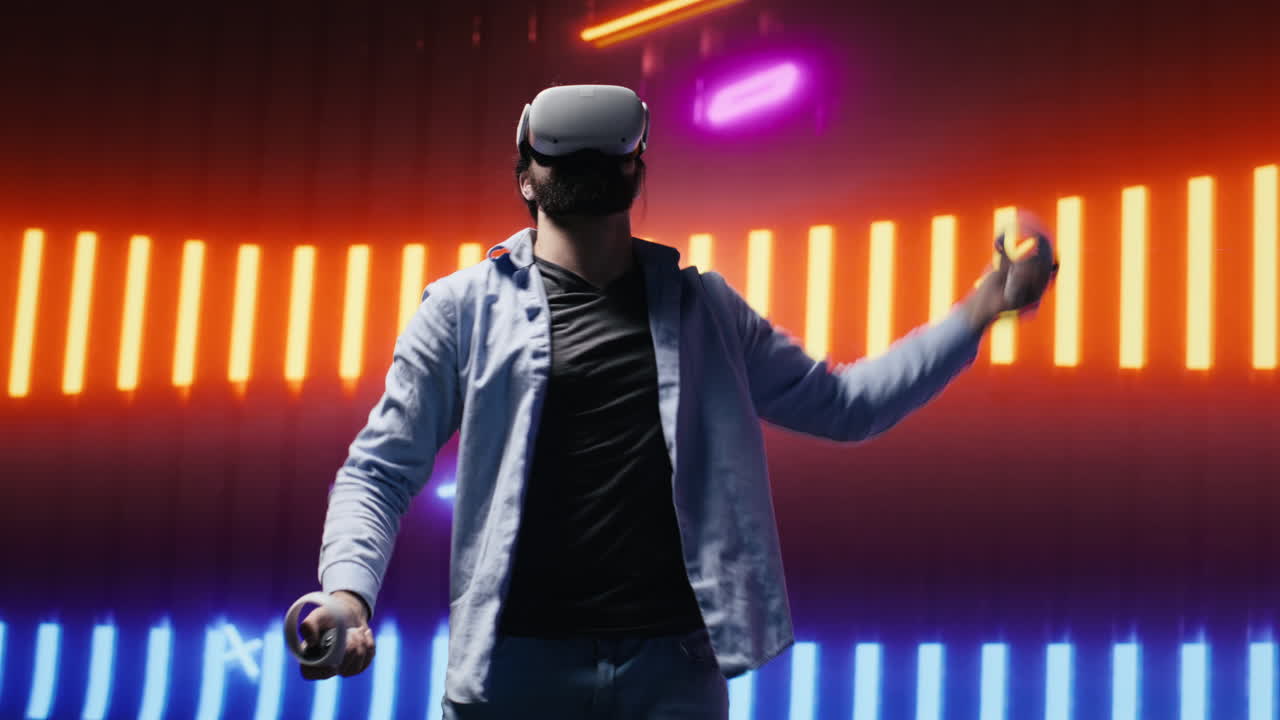 Young person with high tech VR gadget in a neon lit night scene