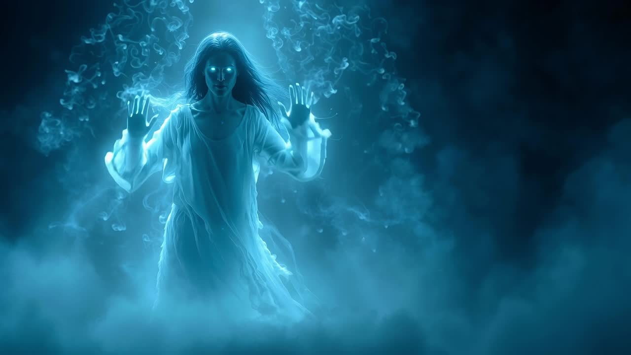 una mujer con un vestido blanco está de pie en las nubes