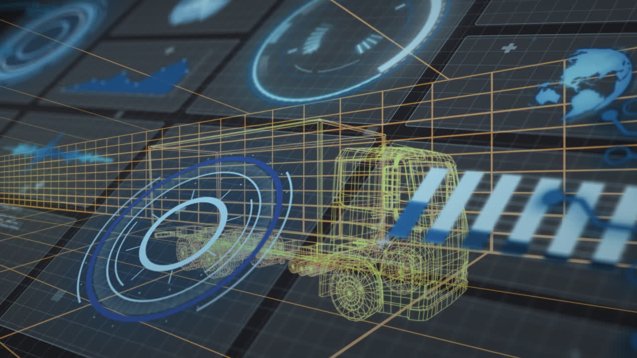 Animation of truck digital wireframe with futuristic technology interface elements