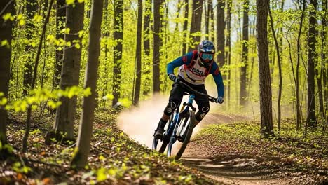 A Mountain Biker Navigating Through a Lush Green Forest Trail, Showcasing Skill and Speed in a Vibrant Natural Setting