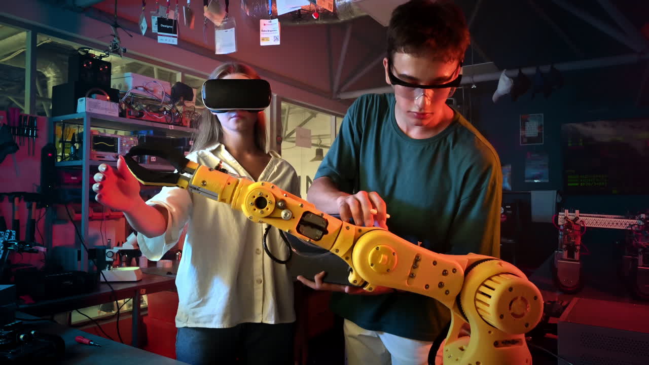 Teens doing experiments in robotics in a laboratory. Boy in protective glasses using tablet and girl in VR headset controlling the robot using her hand. Red and blue illumination. Slow motion
