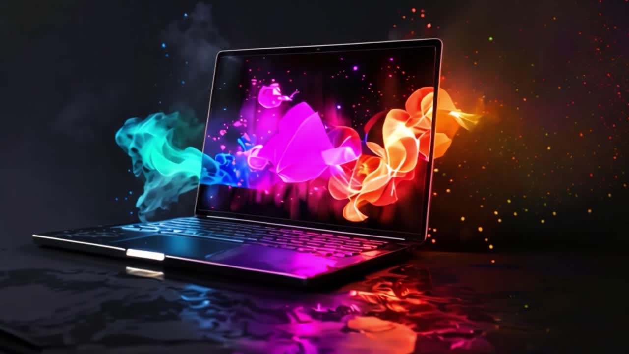 Vibrant Laptop with Abstract Neon Light Display