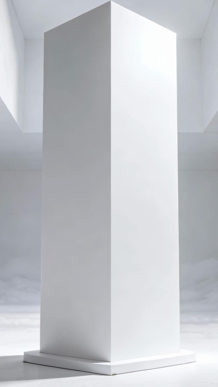 Video verticale: Telecamera in movimento panoramico che rivela un pilastro bianco su una base con nebbia dal lucernario che ne delinea la forma.