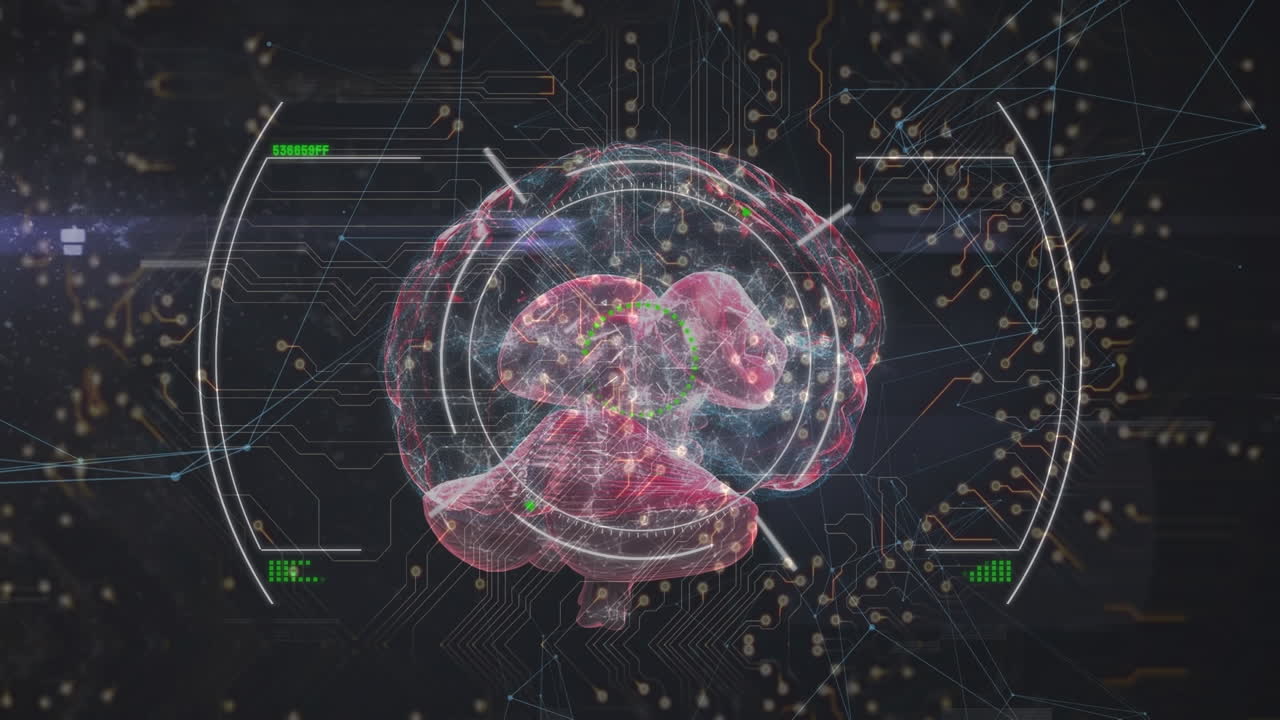 Animation of brain over integrated circuit and viewfinder and glitch on black background