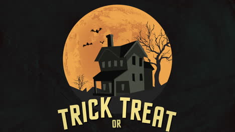 Trick-Or-Treat-With-Old-House,-Big-Moon-And-Flying-Bats-In-Night