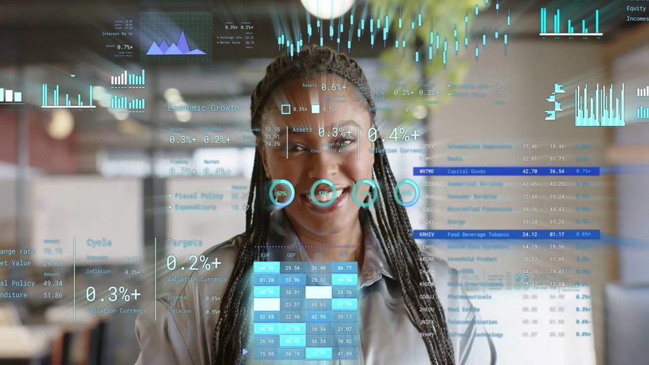 Analyst in tech office, reviewing data as AR charts appearing and shifting across face and torso