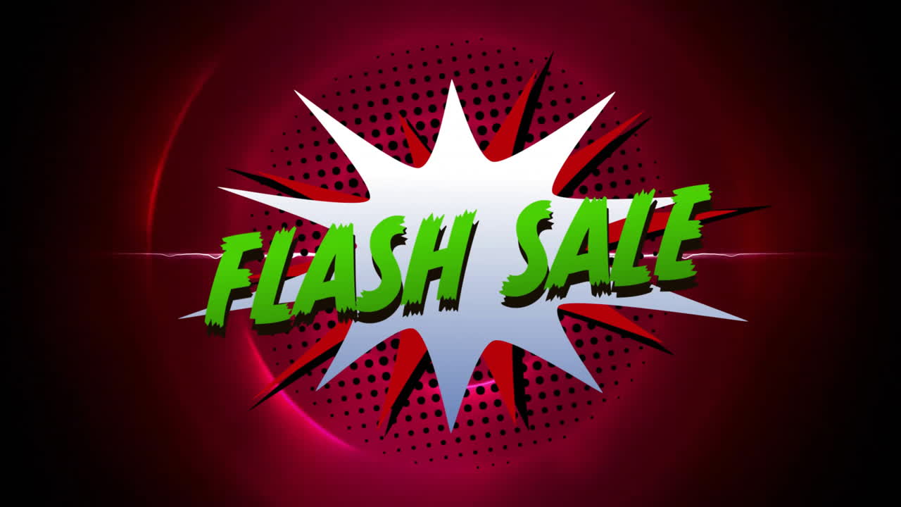 animación de texto de venta flash en burbuja de habla retro sobre círculos brillantes rojos