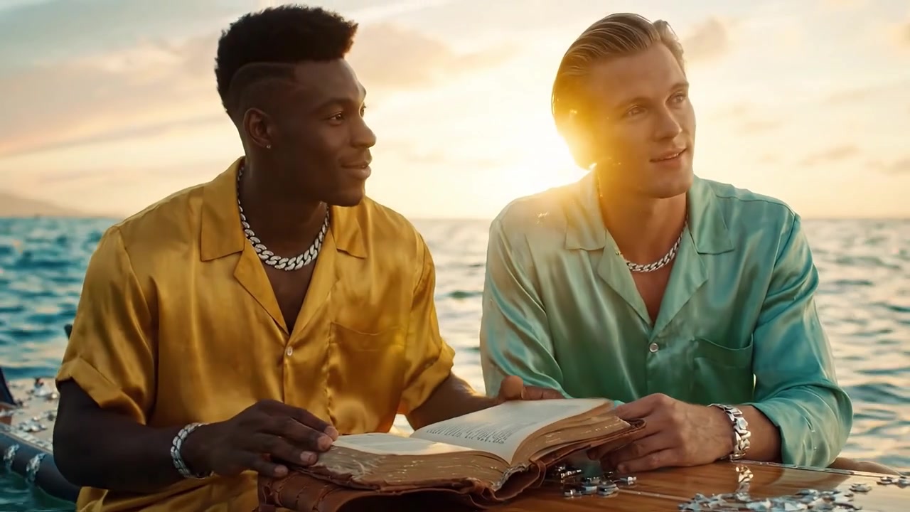 Zwei Freunde genießen einen ruhigen Sonnenuntergang, während sie gemeinsam auf einem Surfbrett im Ozean lesen, die Schönheit der Natur umarmen und sich über gemeinsame Geschichten austauschen.
