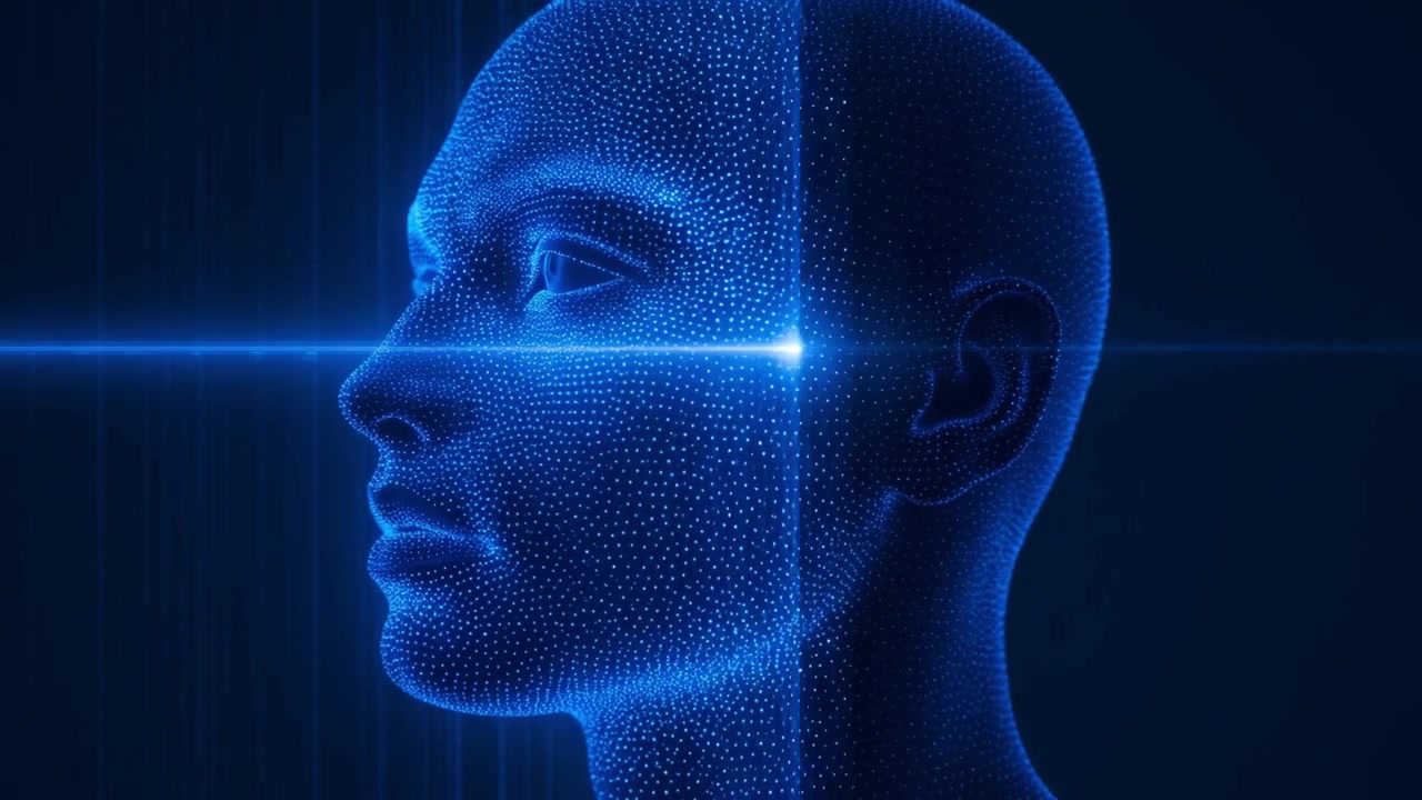 Futuristic Digital Human Head Profile with Scanning Light
