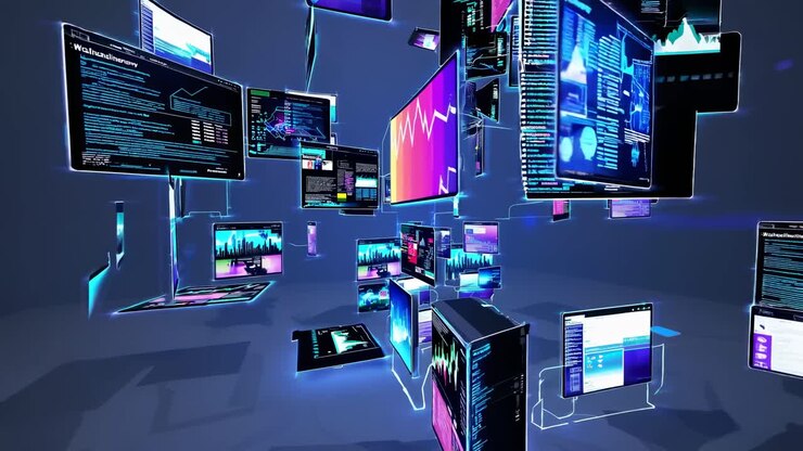 Futuristic video concept with floating digital screens displaying data