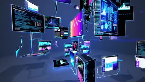 futuristic video concept with floating digital screens displaying data