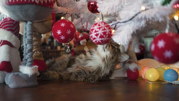 Maine Coon cat plays under a decorated Christmas tree.