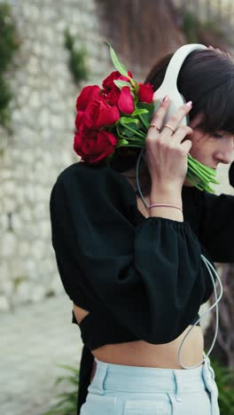 woman holding red flowers and listening to music outdoor in a little town