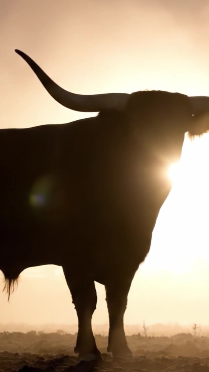 Una maestosa silhouette di un toro si erge fiera sullo sfondo di un tramonto dorato, mettendo in mostra le sue imponenti corna mentre il sole crea un magnifico effetto alone intorno ad esso.