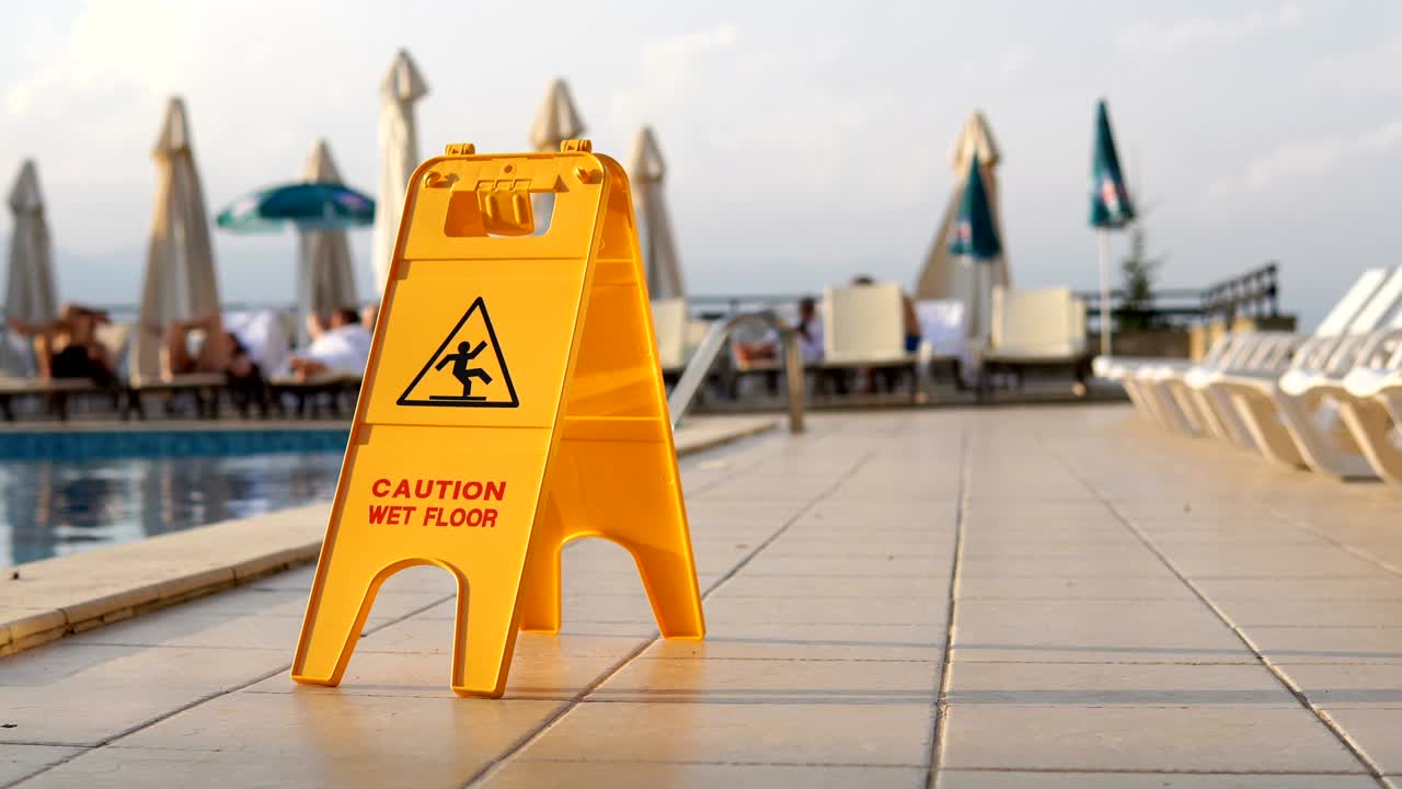Watch For Slippery Tile Floor Yellow Warning Sign Background LOOP