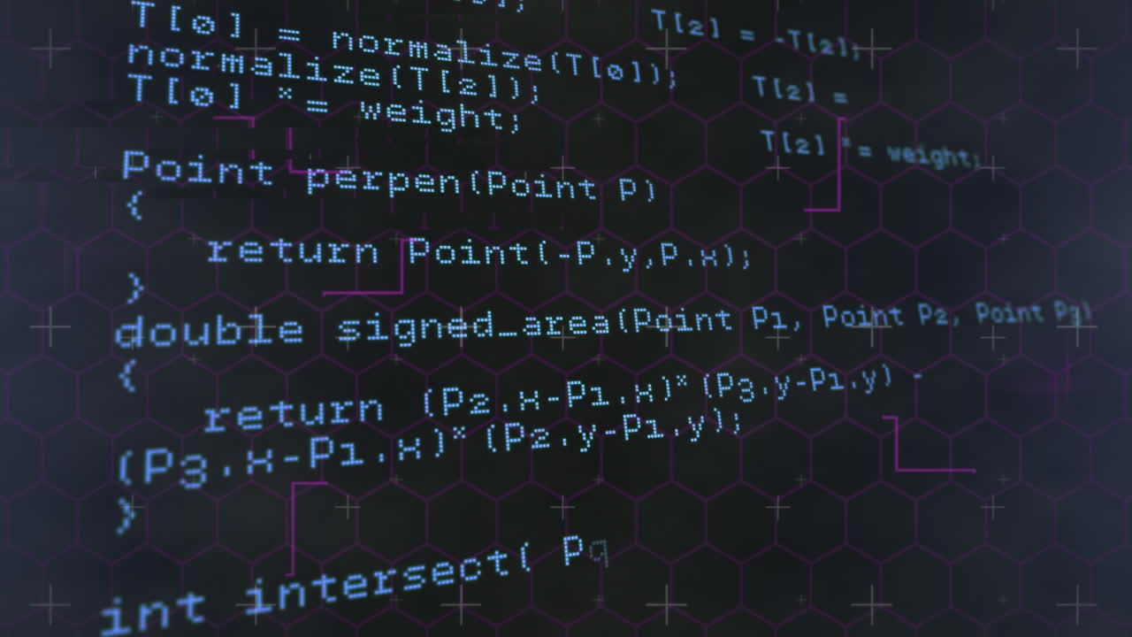 Animation of data processing over purple lines and markers with hexagons